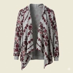 Db Sunday‎ Womens Floral Draped Hooded Cardigan Gray Burgundy S Open Front Soft
